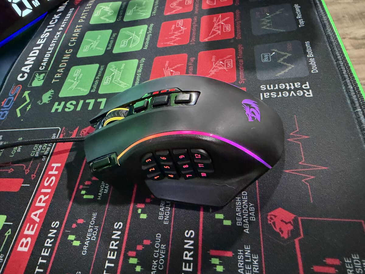Redragon M901K gaming mouse with 12-button side panel on candlestick patterns trading desk mat